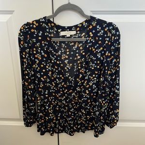 Loft Size Medium Long Sleeve Navy Blue Floral Patterned Blouse.